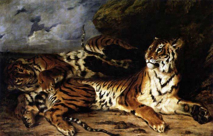 Eugene Delacroix A Young Tiger Playing with its Mother Norge oil painting art